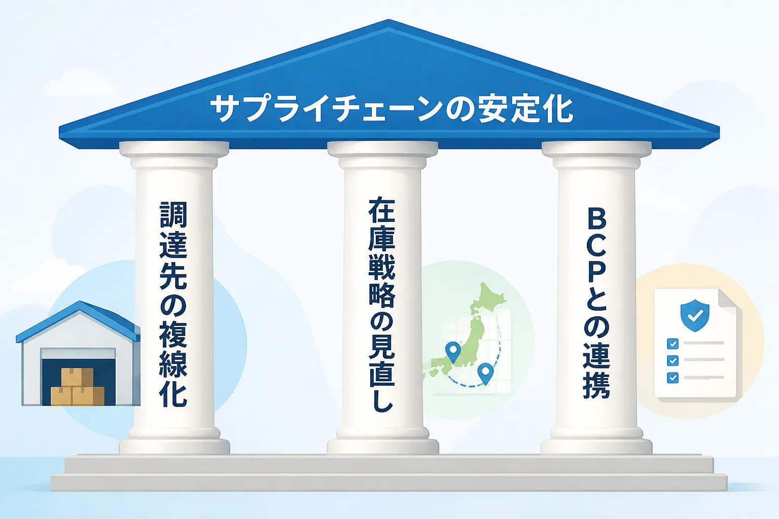 調達先の複線化・在庫戦略の見直し・BCPとの連携という3本柱がひとつの屋根を支える図解。