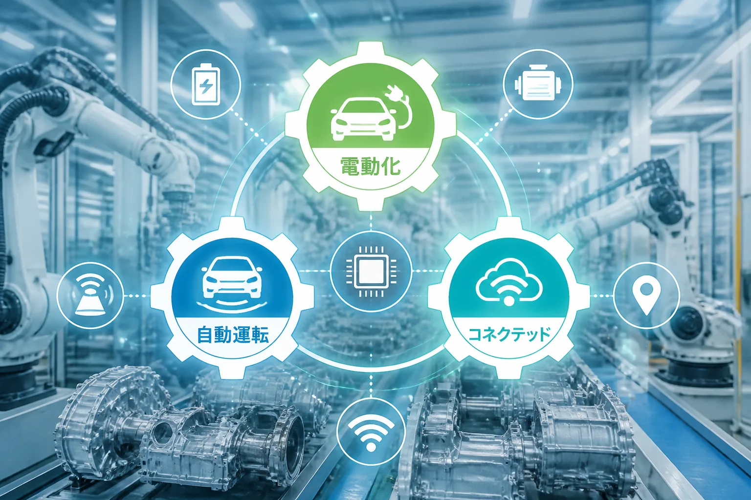 自動車部品工場の生産ラインとCASE関連アイコンを組み合わせた構図