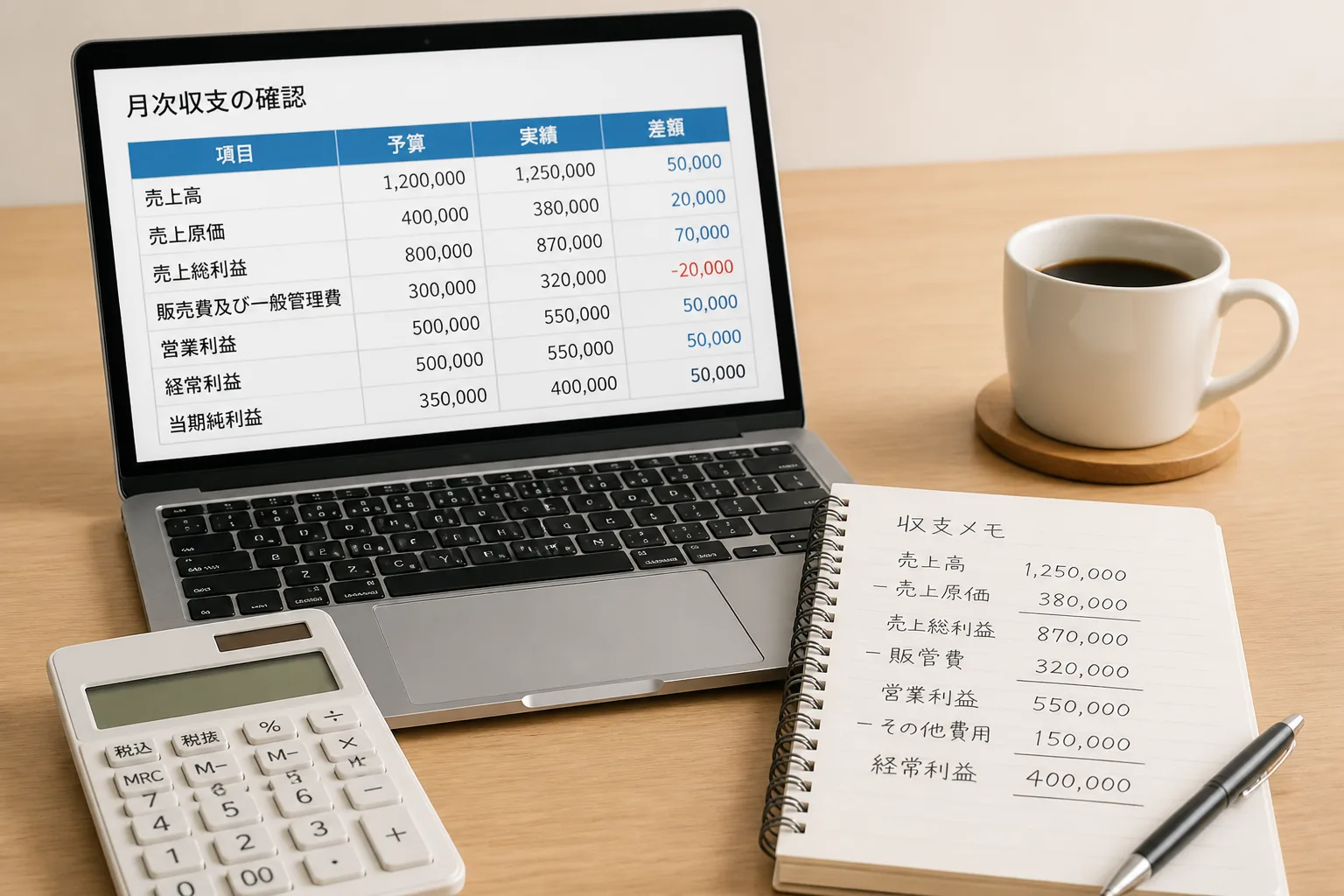 独立コンサルタントが費用対効果を試算している様子を示す、パソコンと電卓が置かれたデスクの構図