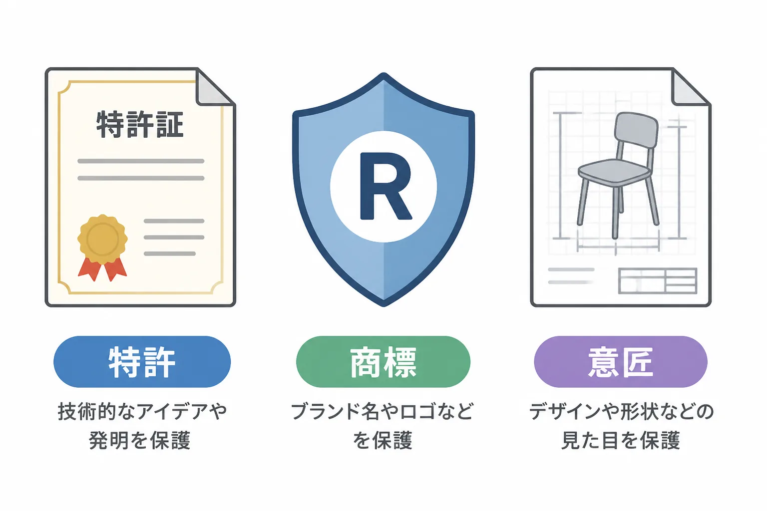 特許・商標・意匠の3つの権利を分類し、それぞれの特徴を並べた図解