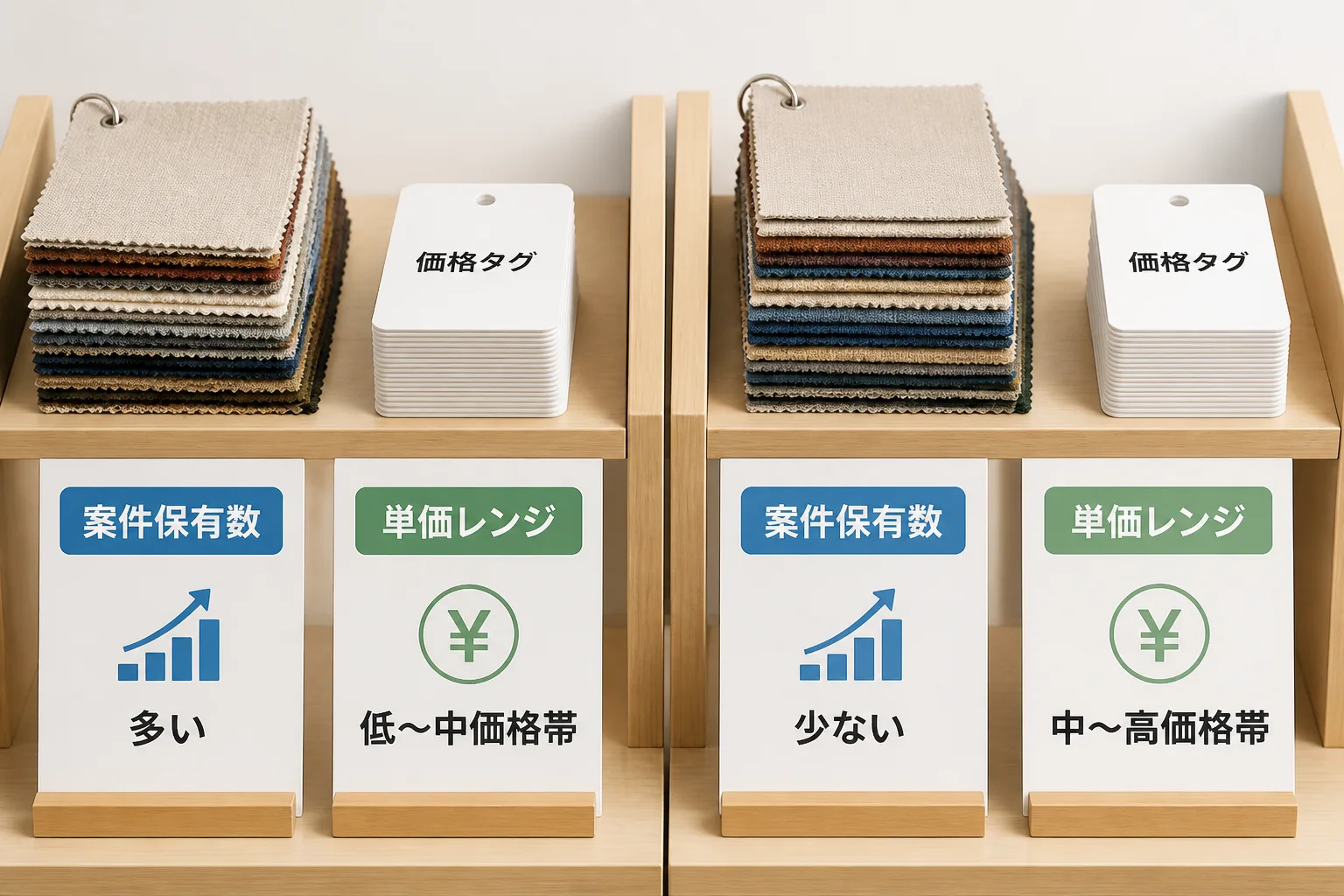 案件保有数・単価レンジの2つの軸でファッションテック領域のエージェントを比較することを示す図解。