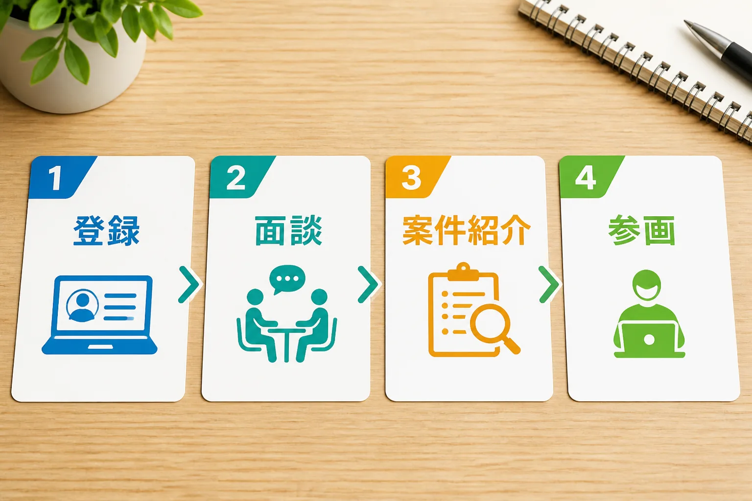登録から面談・案件紹介・参画までの4ステップを示す工程図。