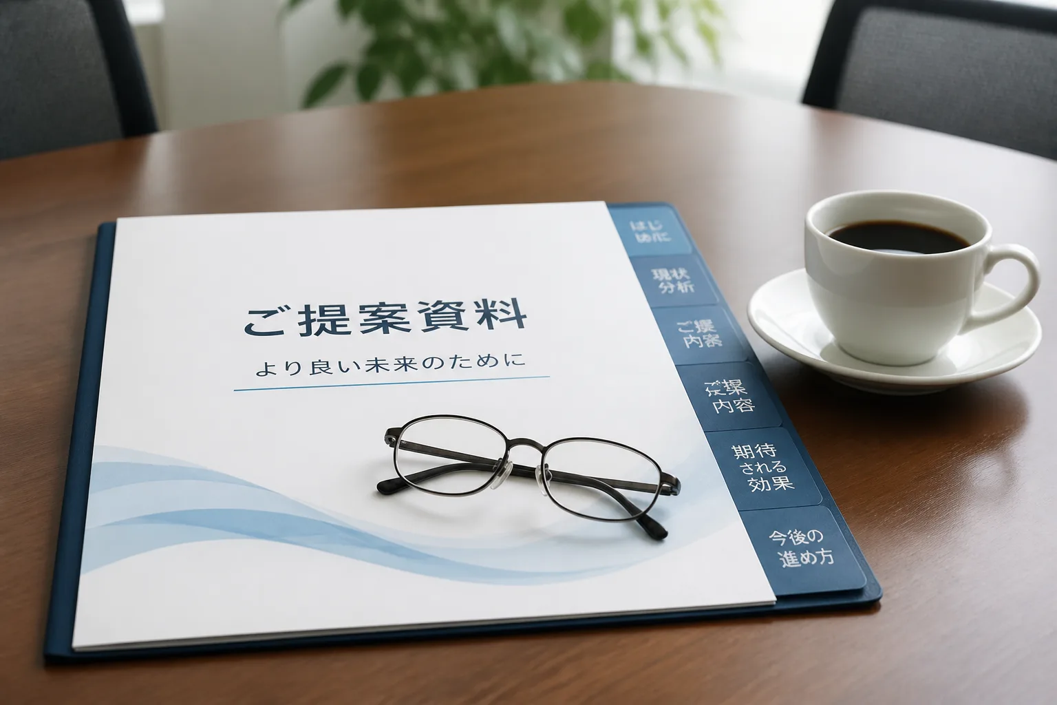商談用の提案資料ファイルと老眼鏡、コーヒーカップが置かれた会議テーブル