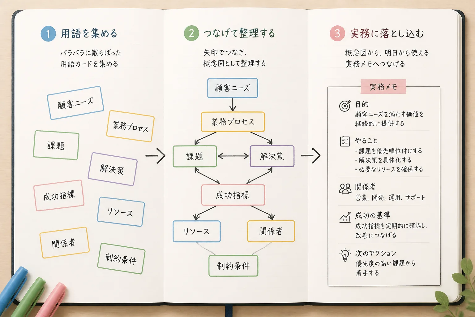 用語整理・図解作成・実務への当てはめという3段階の学習の流れを示すフローチャート