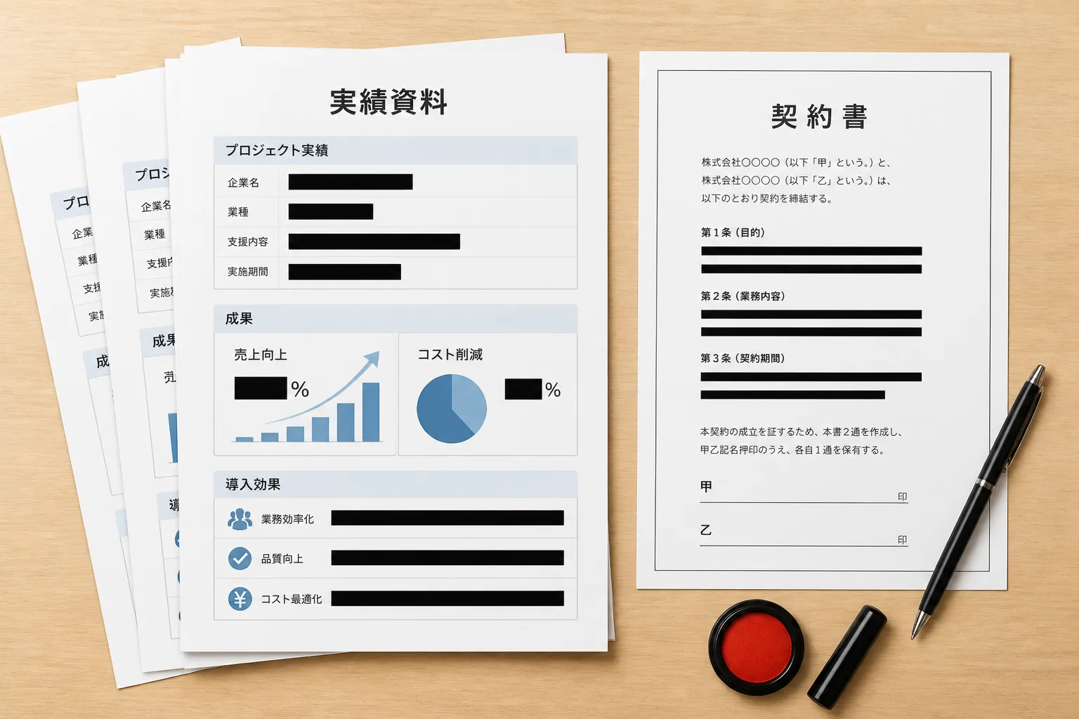 守秘義務に配慮して企業名や数値を伏せた実績資料と契約書を俯瞰で描いたイメージ
