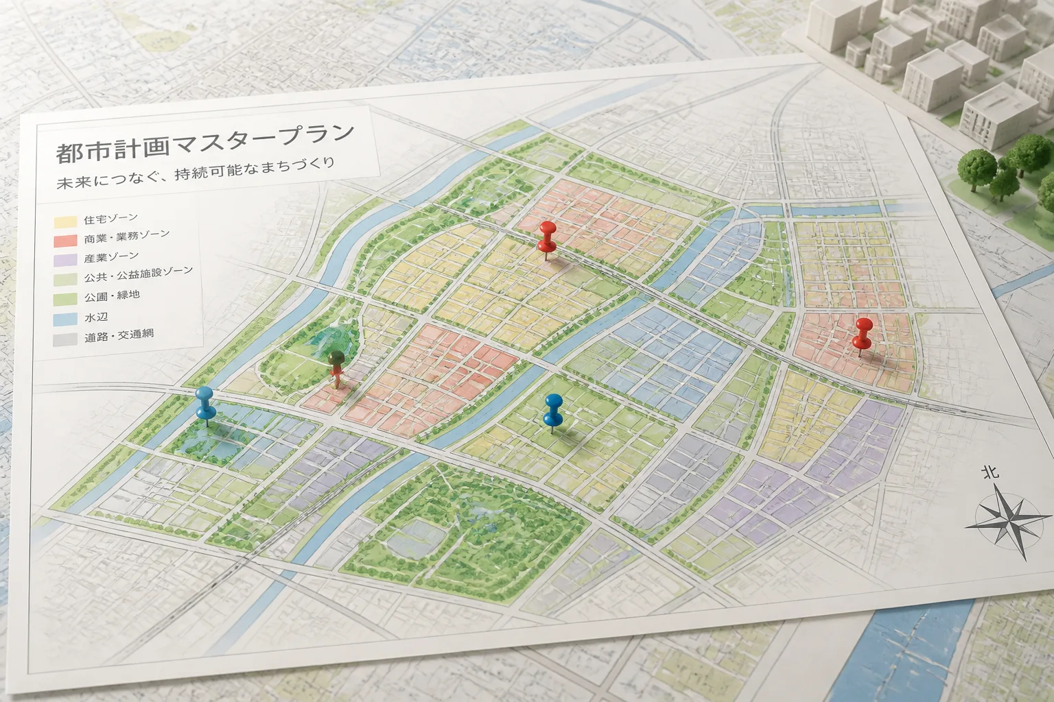 地図とまちづくり計画の図面にピンが立てられている俯瞰図