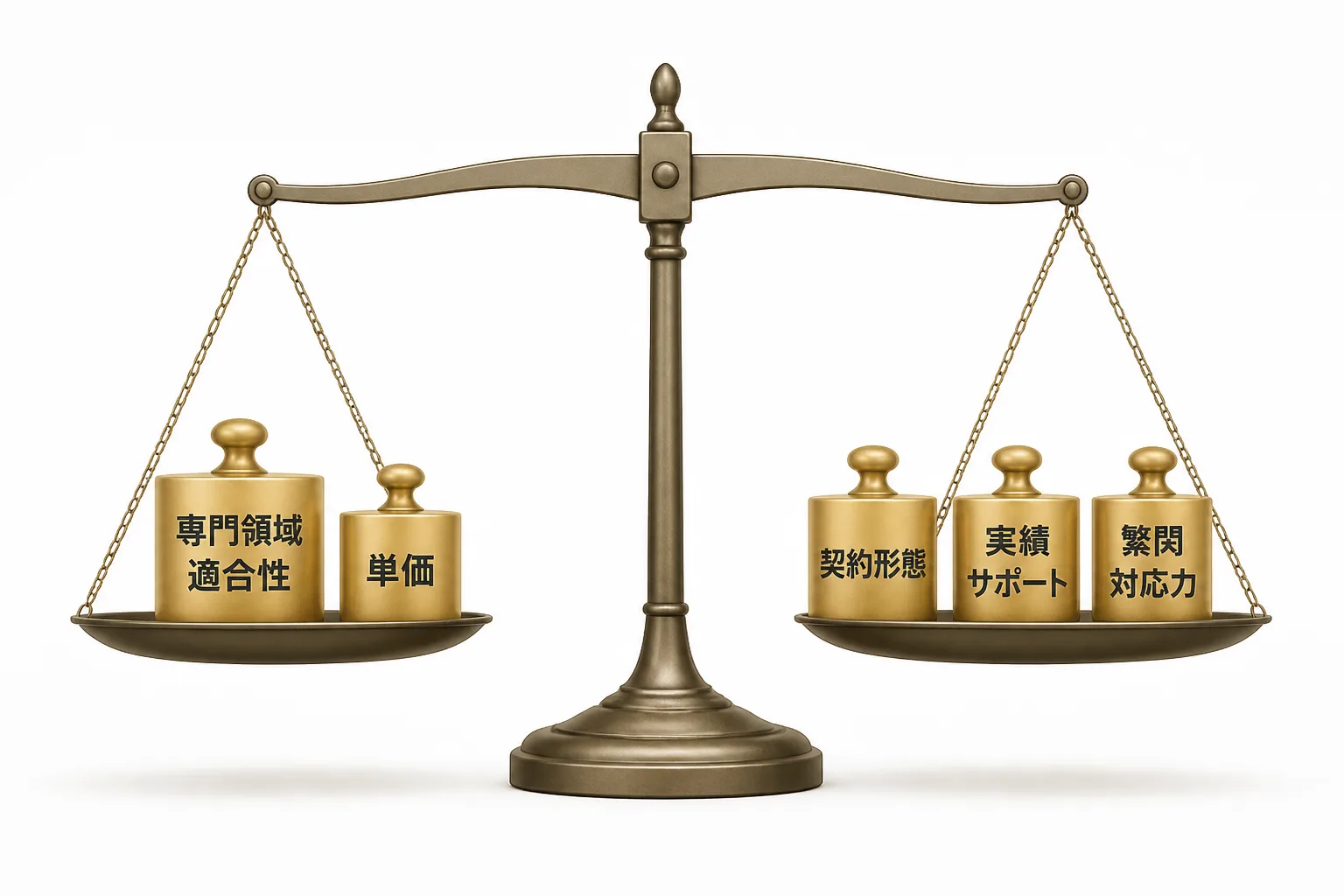 エージェントを比較する5つの評価軸を天秤の重りで表した図