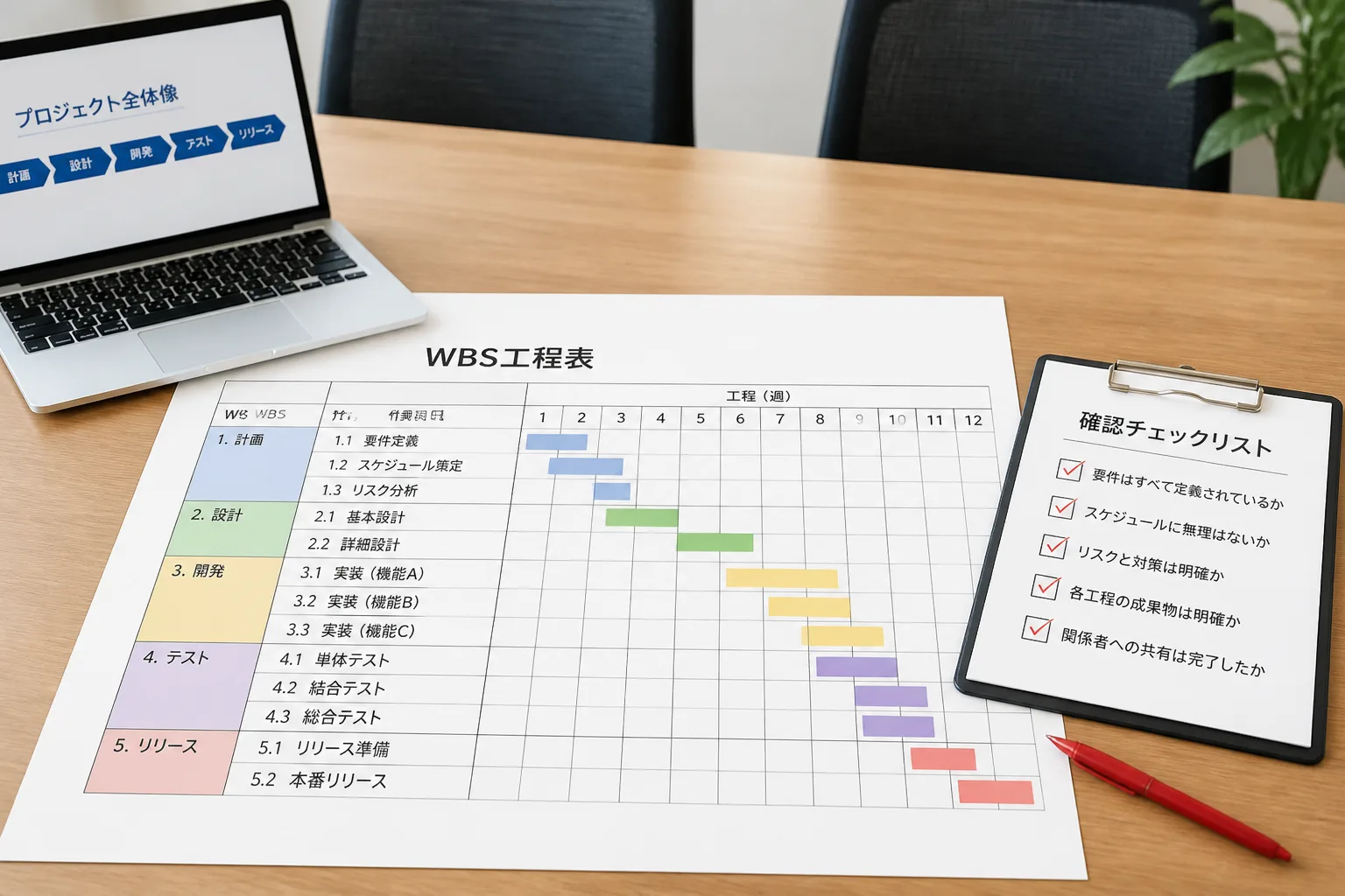 支援先のWBSをレビューする際に使う工程表とチェックリストが置かれた机の情景