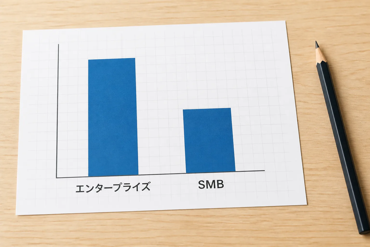 エンタープライズ向けとSMB向けのNRR水準の違いを示す棒グラフのイラスト。エンタープライズの棒がSMBより高く描かれている。
