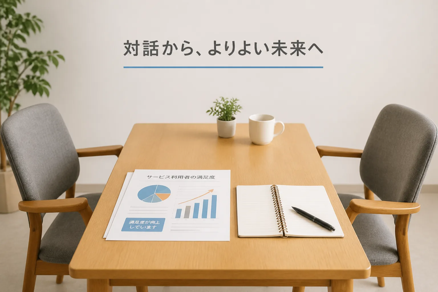資料の並ぶデスクに2脚の椅子が向き合う、伴走支援を表すイメージ