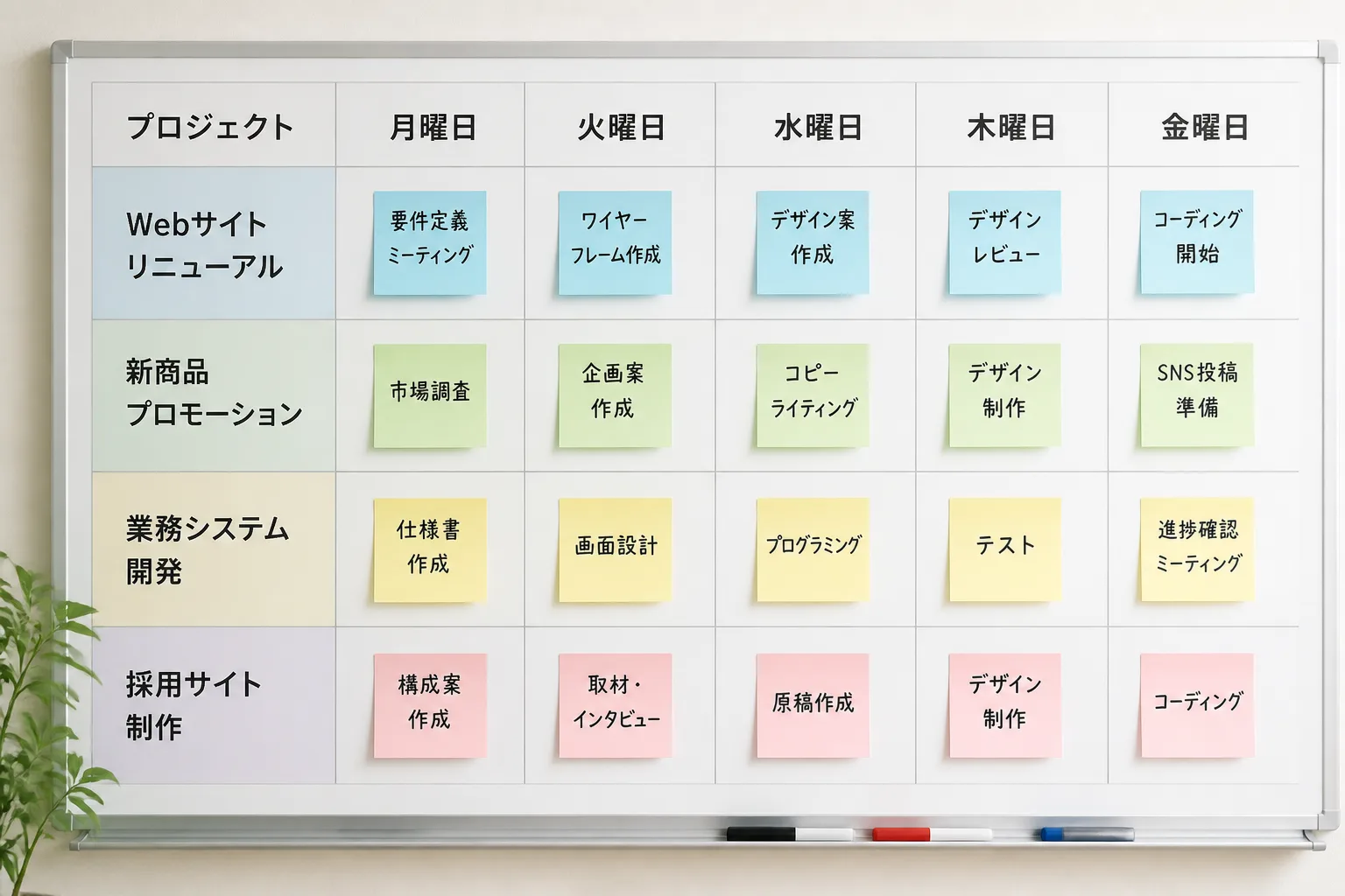 複数案件を曜日ごとに振り分けたタスク管理ボードの情景