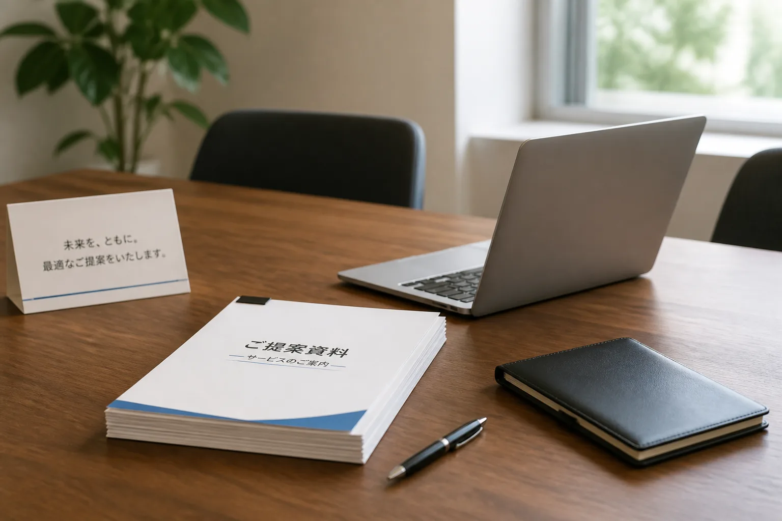 商談で使う提案資料とノートパソコンが置かれた机の様子