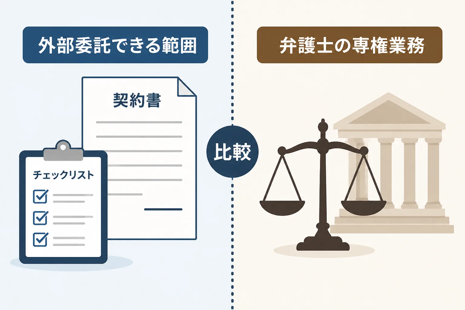 契約書レビューの外部委託ニーズの高まりと、弁護士の専権業務との境界を示す比較図解