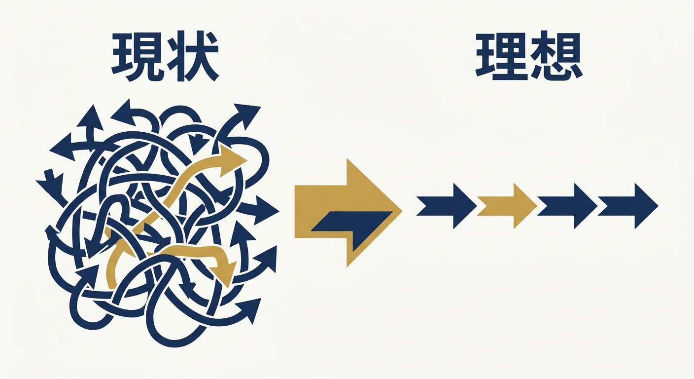 As-IsからTo-Beへの業務プロセス変革を示すフロー図