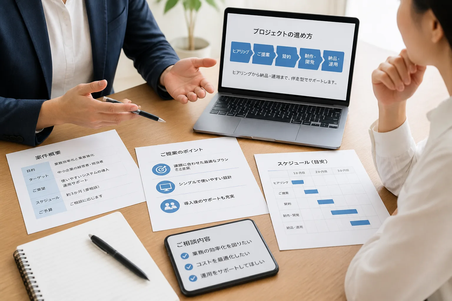 複数の書類やデバイスが並ぶ机で案件相談を行う様子を示すイメージ