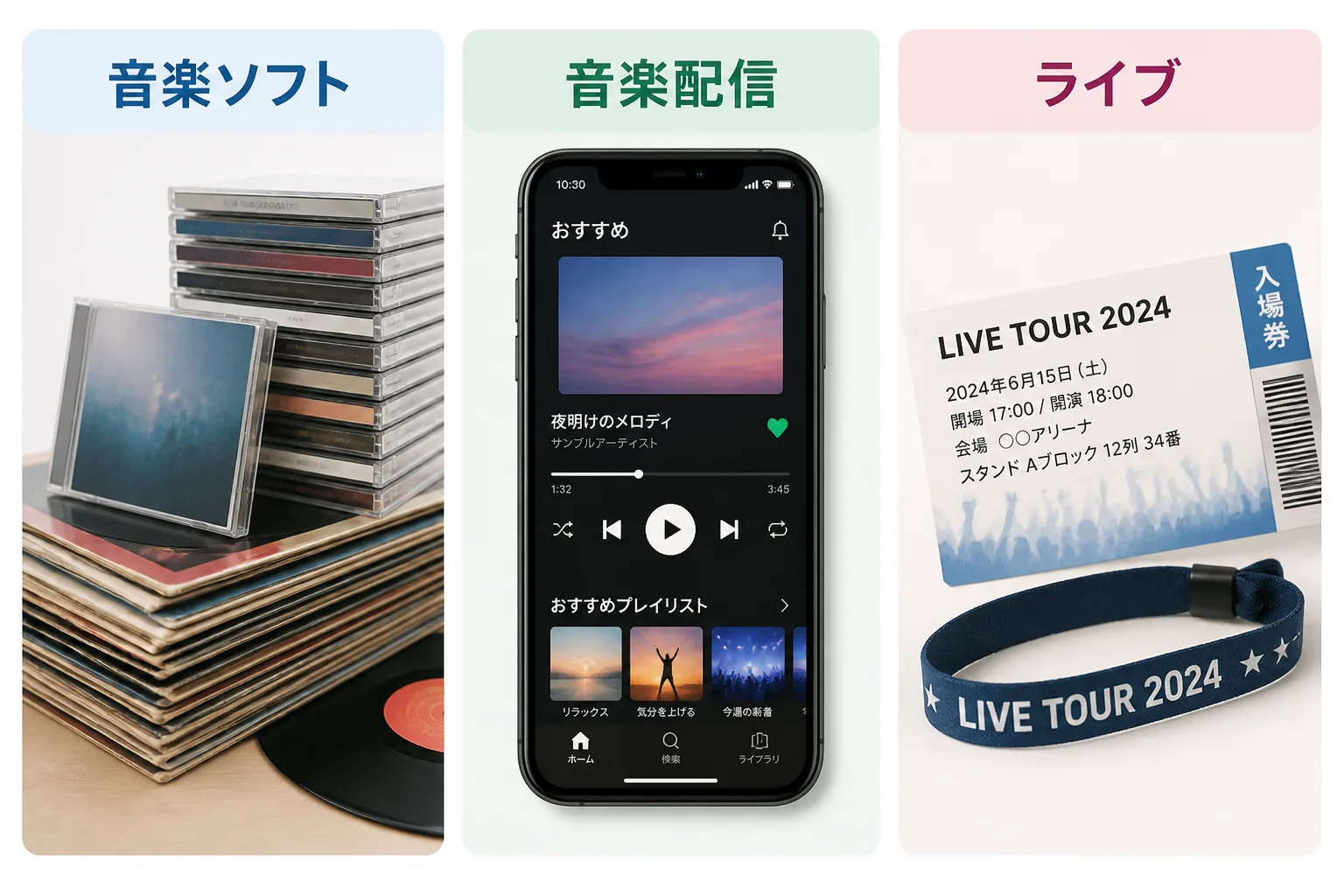 音楽ソフト・音楽配信・ライブという3つの収益源を並べた図解、音楽業界の収益構造の変化を表す