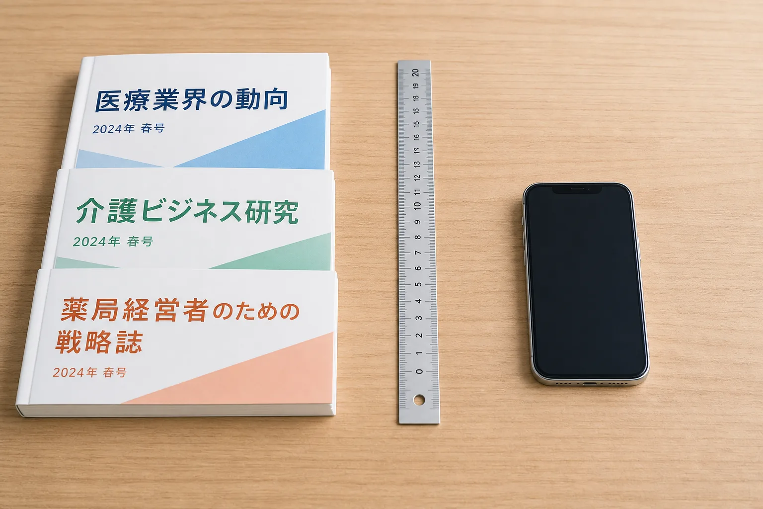 机の左に専門誌の束、右にスマートフォンが置かれ中央を定規で区切ったBtoBとBtoCの違いのイメージ