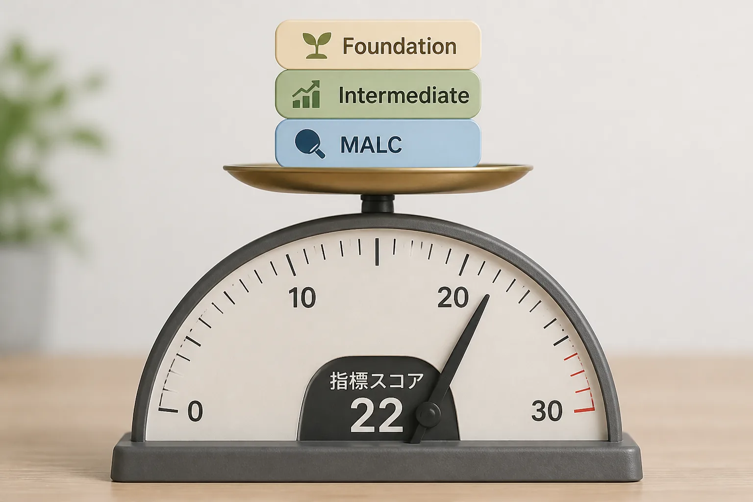 Foundation・Intermediate・MALCのバッジが積み重なり22の目盛りに到達するゲージ模型を表したイメージ図