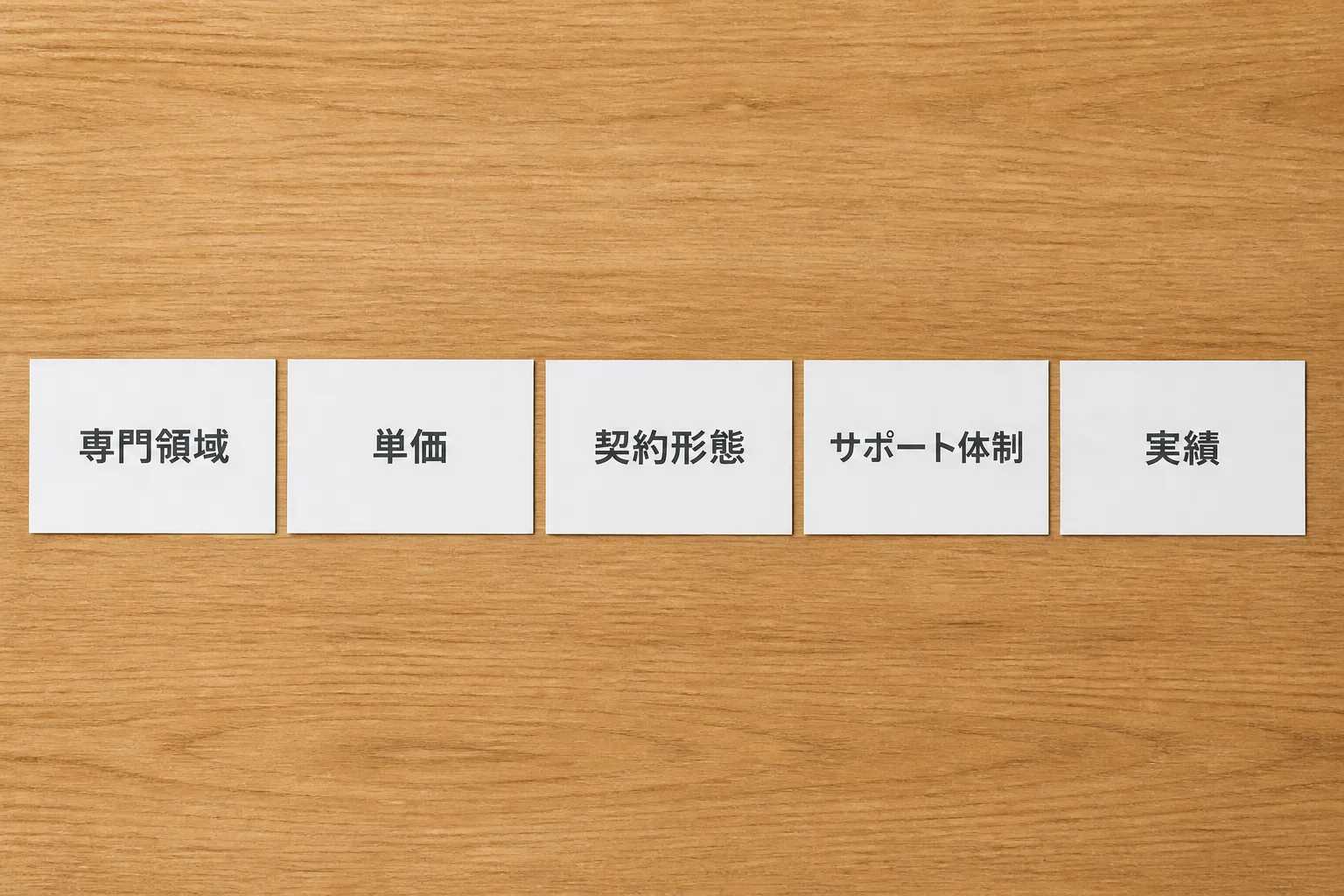 専門領域・単価・契約形態・サポート体制・実績の5つの評価軸を示す5枚のカードの図解