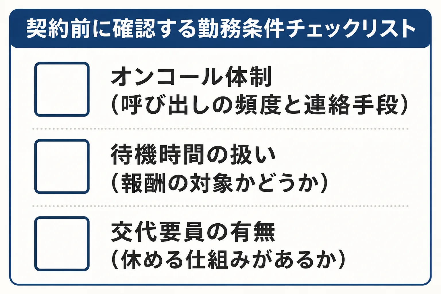 契約前に確認する勤務条件のチェックリスト。オンコール体制、待機時間の扱い、交代要員の有無の3項目。