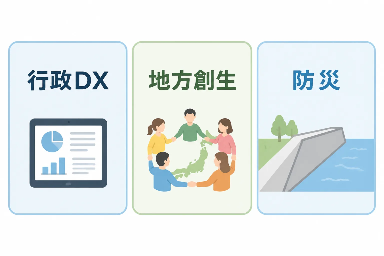 行政DX・地方創生・防災という官公庁領域での特化分野を示す3つのカードの比較図