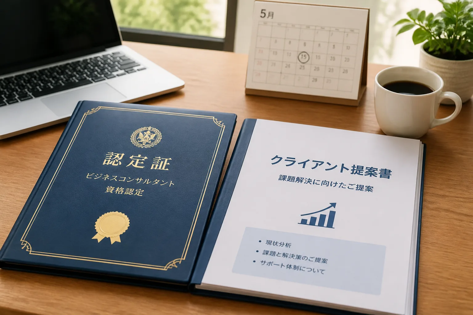 認定証と提案書ファイルが並べて置かれたデスクの情景