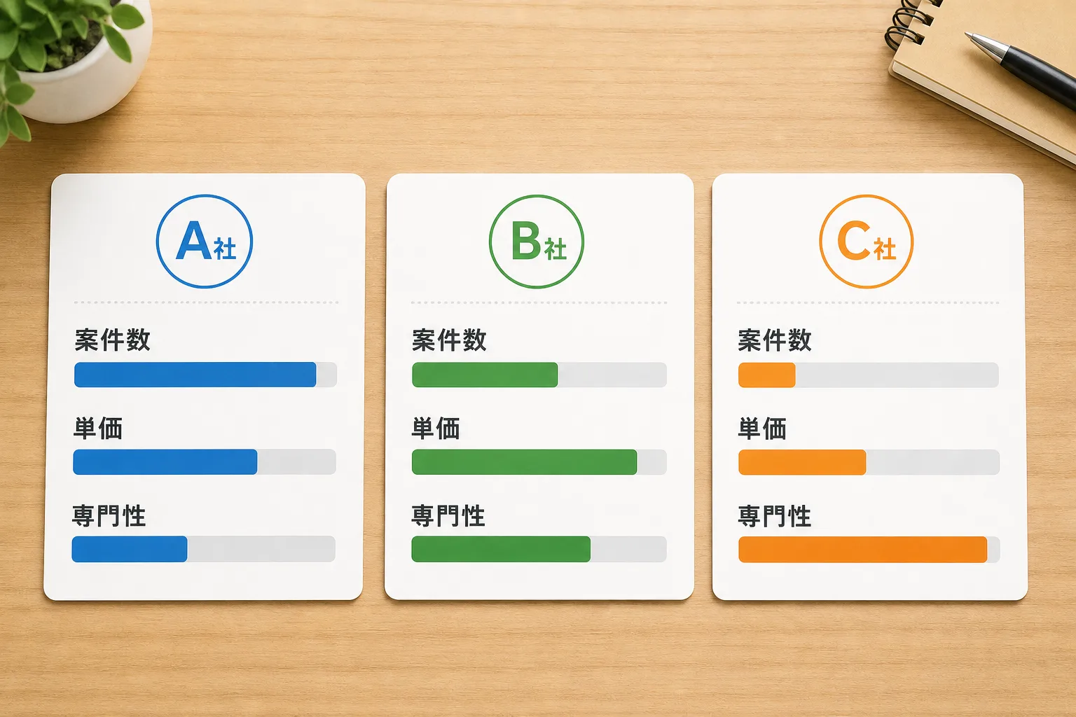 案件数・単価・専門性の3つの評価軸を並べたエージェント比較のイメージ図
