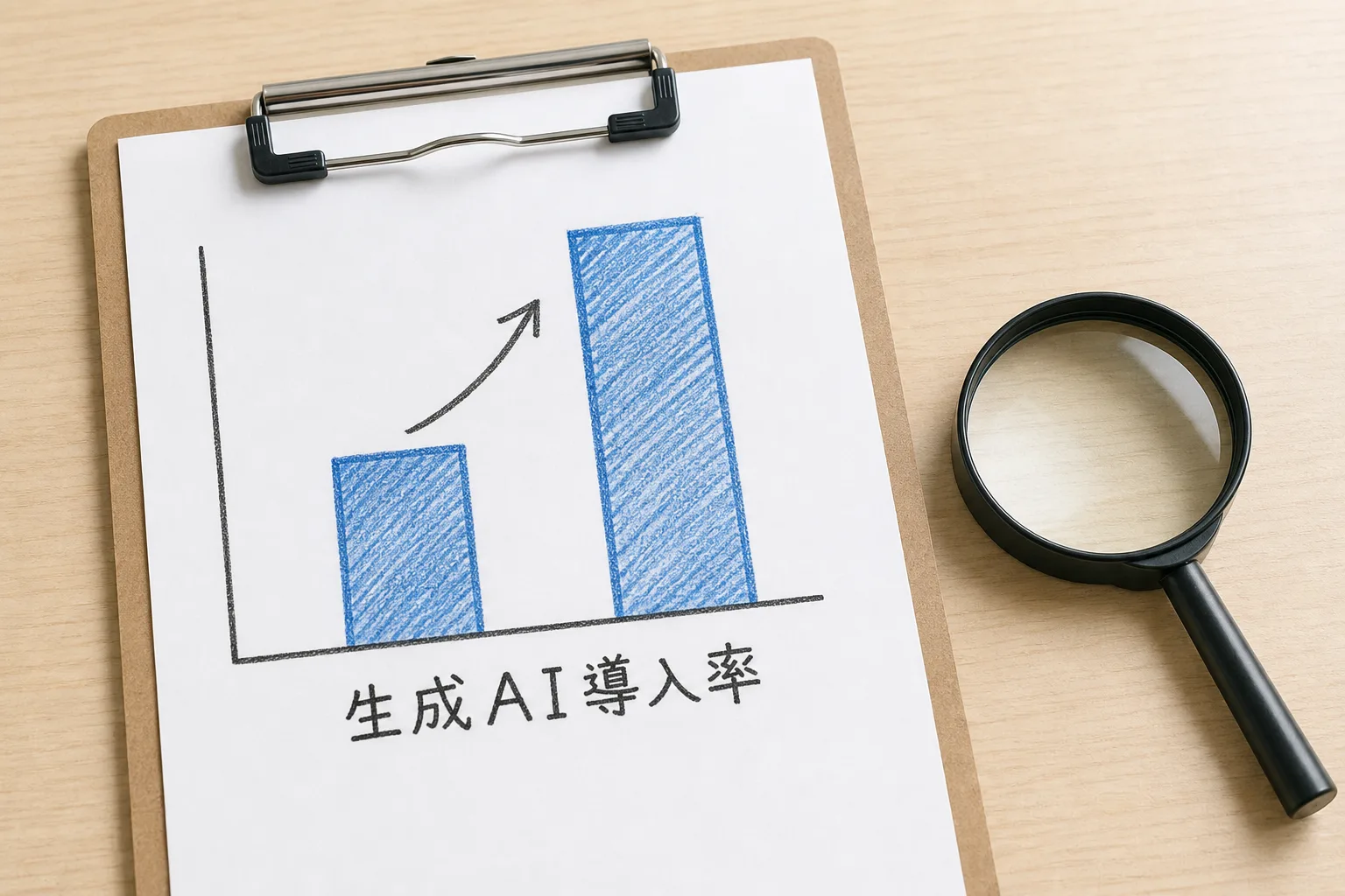 生成AIの導入率が前年より伸びていることを示す手描きの棒グラフとクリップボード。