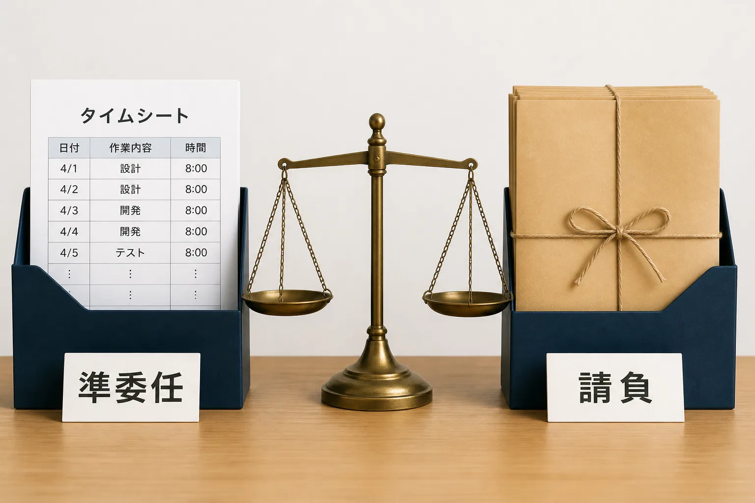 タイムシートが入った準委任のフォルダと、封をされた成果物が入った請負のフォルダを天秤で比較する図解