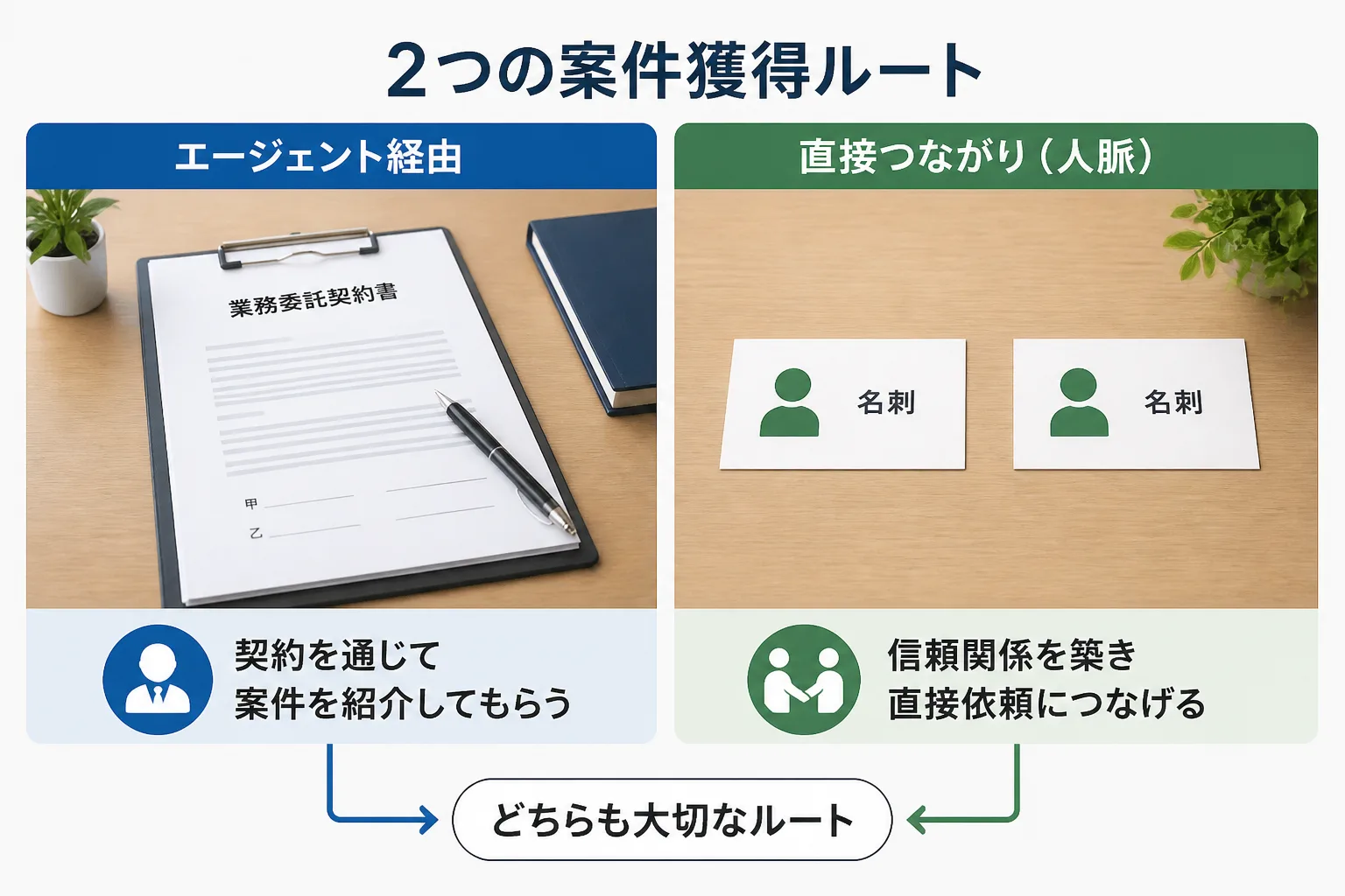 エージェント経由と人脈経由という2つの案件獲得ルートを対比させた図解