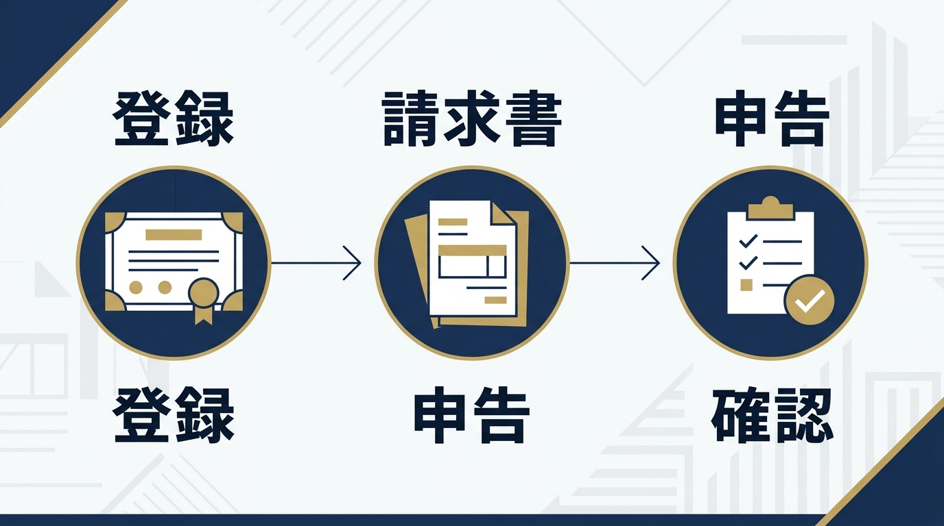 登録番号・請求書・申告書の3つを確認するプロセスを示すイラスト