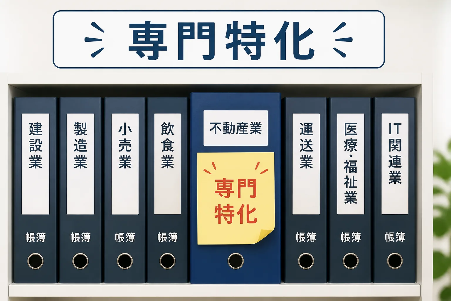 業種別の帳簿ファイルの中で一冊だけに付箋が貼られている図解
