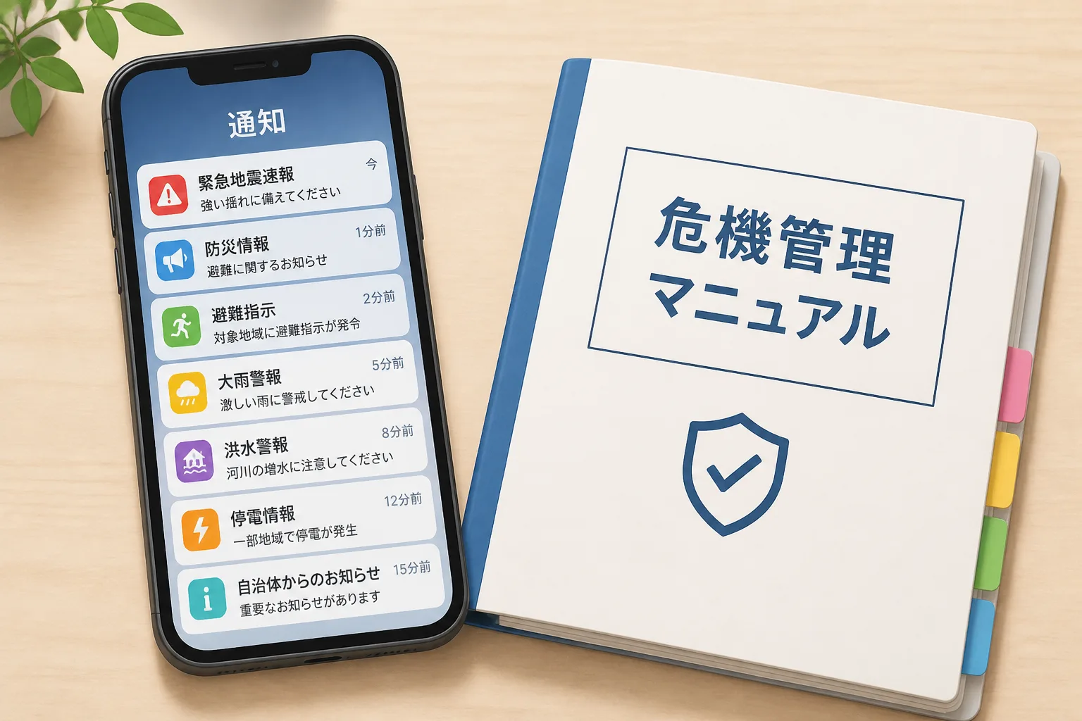 スマートフォン画面に並ぶ通知アイコンの隣に「危機管理マニュアル」とラベルの付いた書類ファイルが置かれ、SNS炎上リスクの高まりと危機管理広報の需要増加の関係を示す図解