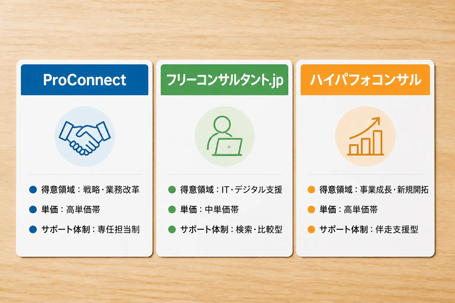 ProConnect・フリーコンサルタント.jp・ハイパフォコンサルの3社を、得意領域・単価レンジ・サポート体制の3項目で並べて比較していることを示す図解。