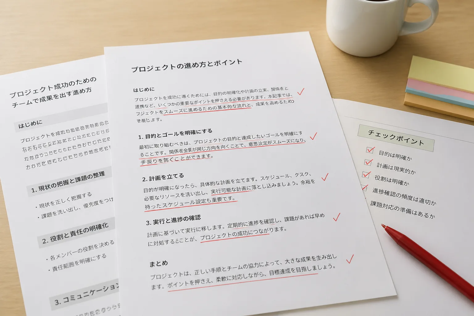 要件定義書のページにチェックマークと下線でレビューの跡が複数箇所に書き込まれている様子