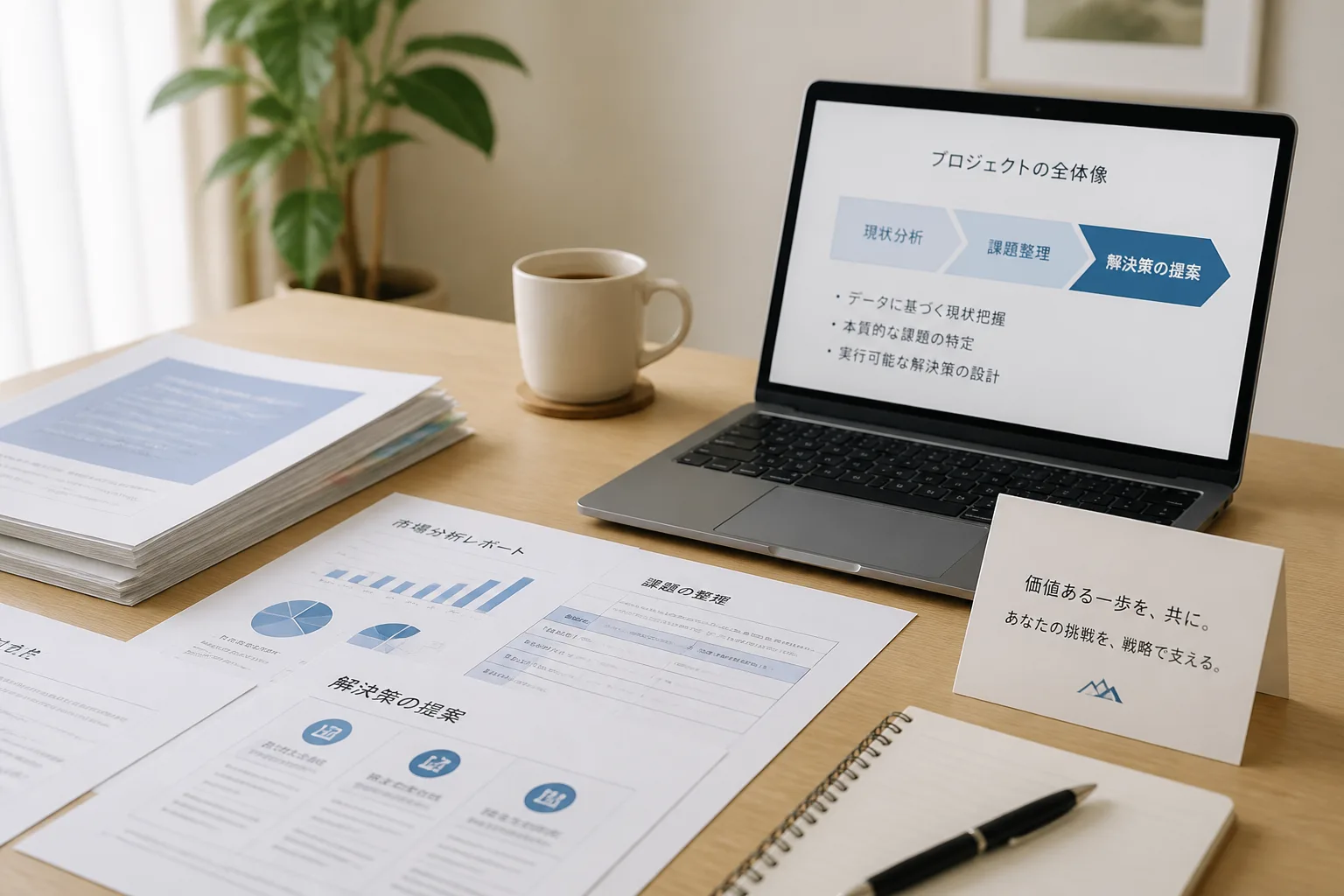 資格証書のようなカードとプロジェクト資料が置かれた独立コンサルタントの作業机の情景
