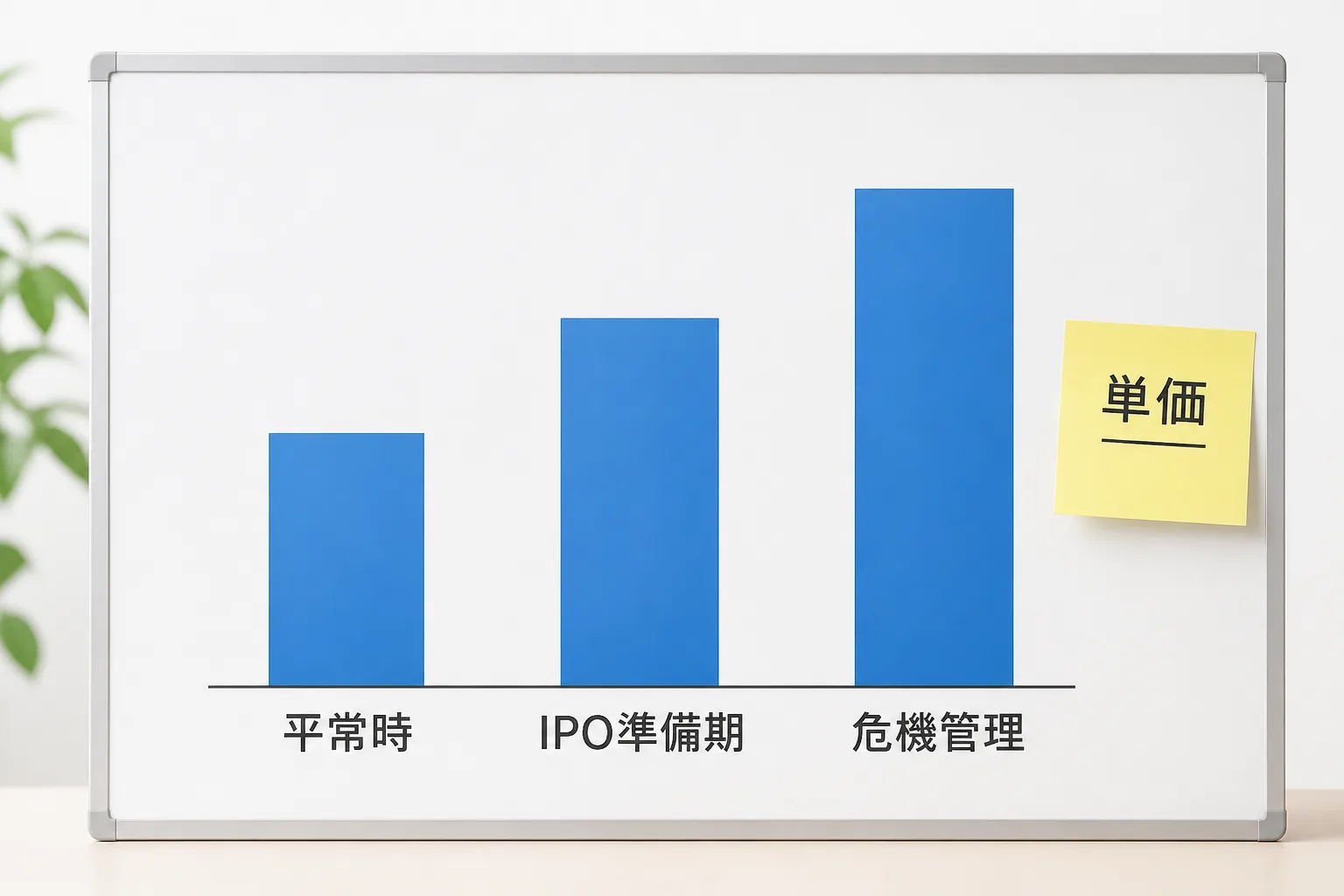 平常時・IPO準備期・危機管理の3フェーズ別に単価の高さを比較した棒グラフのイラスト