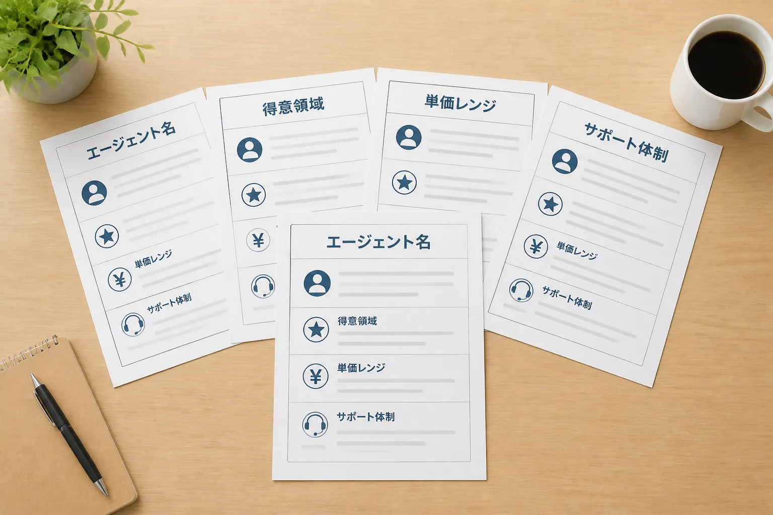 5社分の比較資料が扇状に並べられ、一番手前の資料が強調されている俯瞰図。エージェント各社を同じ項目で比較する様子を表すイメージ。