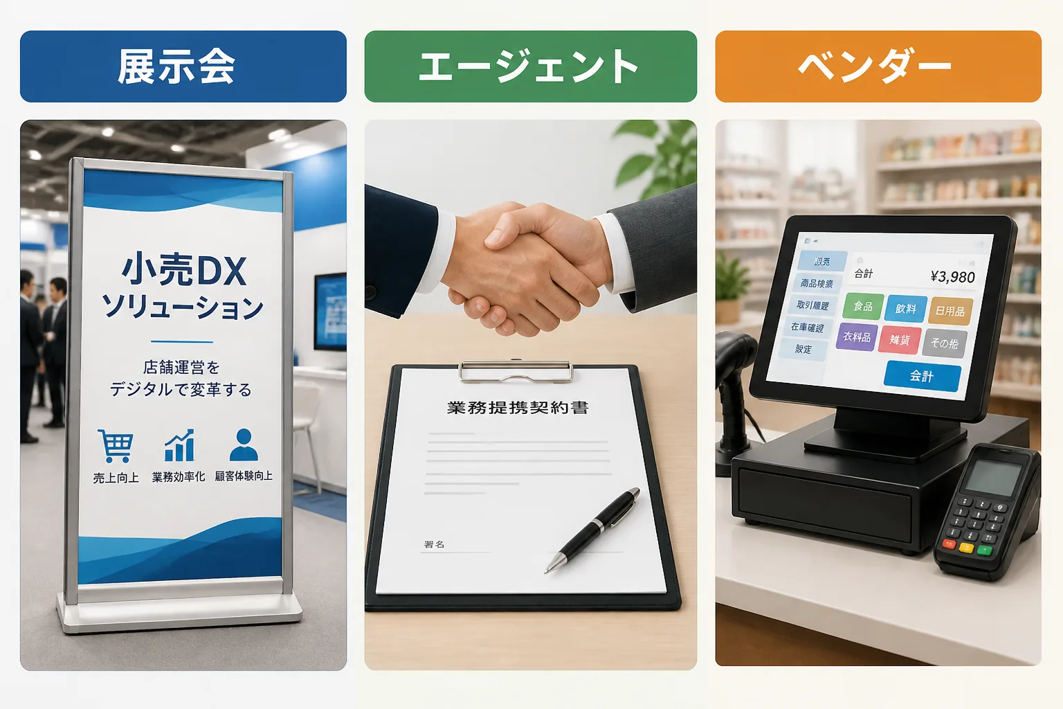 案件獲得の3つのチャネル(展示会・エージェント・ベンダー)を並べた比較図