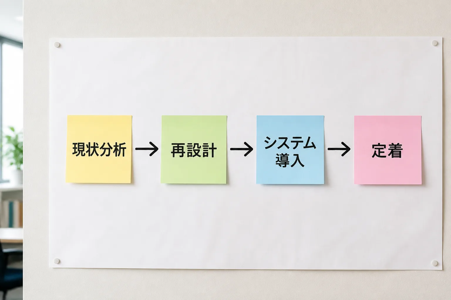現状分析・再設計・システム導入・定着の4段階が矢印でつながれた手順を示す図