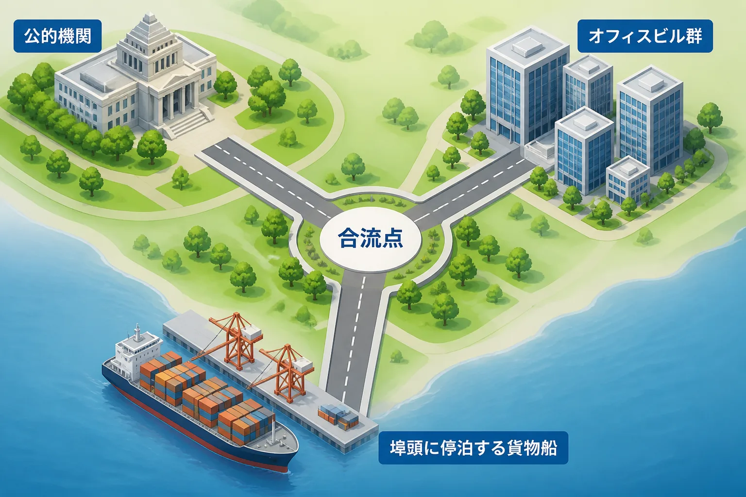 公的支援施策・エージェント・前職ネットワークという3つの経路がひとつの合流点(案件獲得)に向かって伸びる道路網を描いたフローチャート風のイメージ