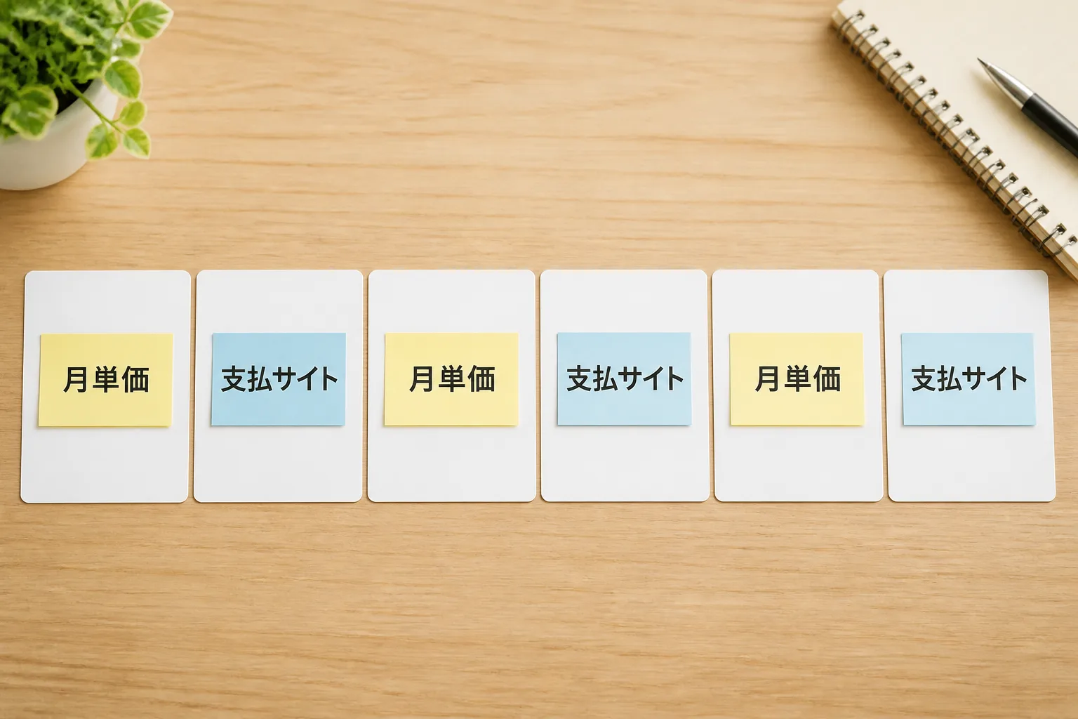 6枚のインデックスカードに月単価・支払サイトの付箋が貼られ横一列に並ぶ情景。複数のエージェントを同じ基準で比較することを示す図解。