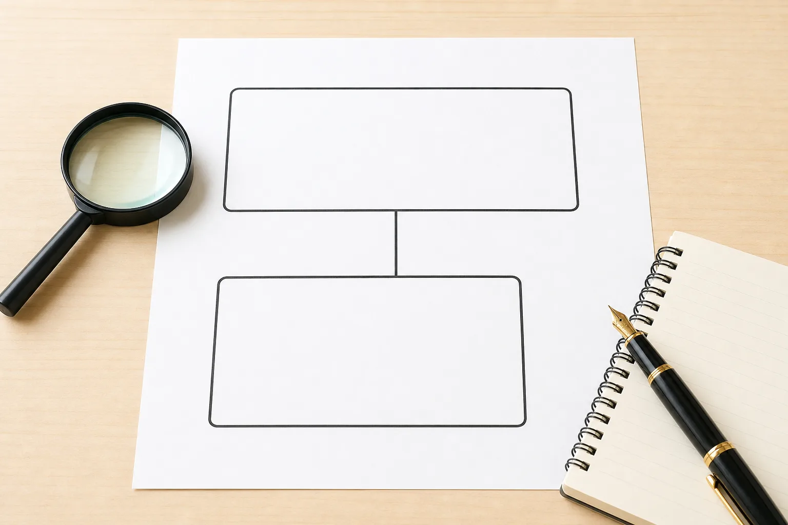 上下に並んだ二つの枠が線でつながる図解。上は虫眼鏡（技術的な診断・監査）、下はノートと万年筆（マネジメント的な設計・折衝）を象徴する