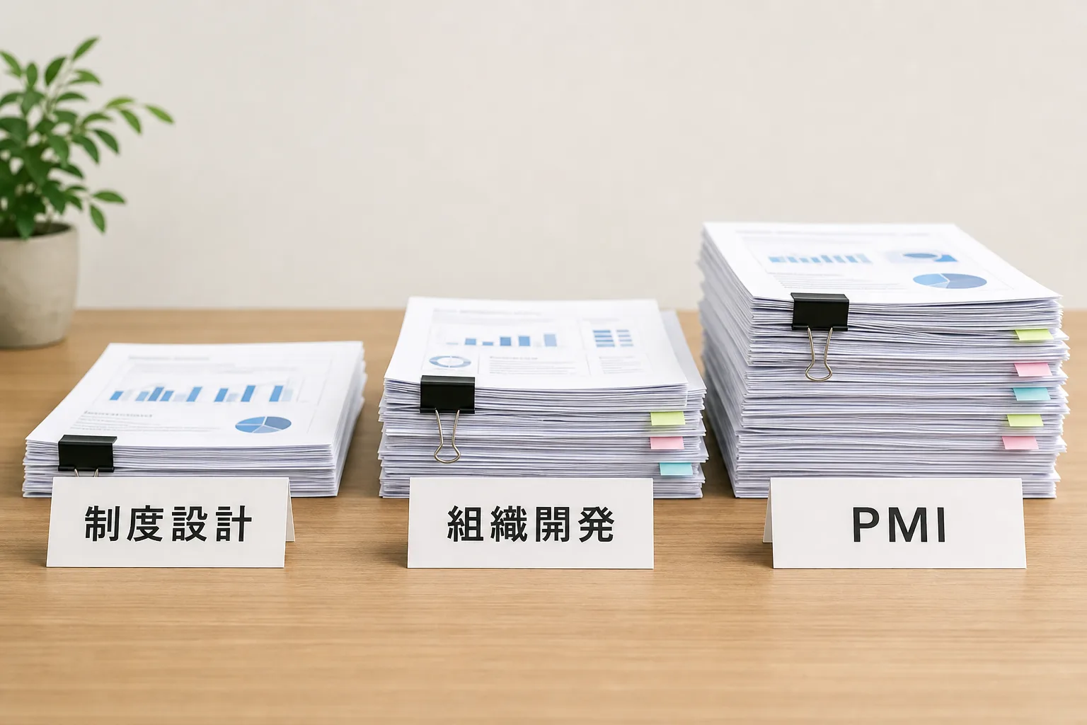 制度設計・組織開発・PMIの案件ごとに厚みが異なる書類の束を並べ、単価水準の違いを表すイラスト