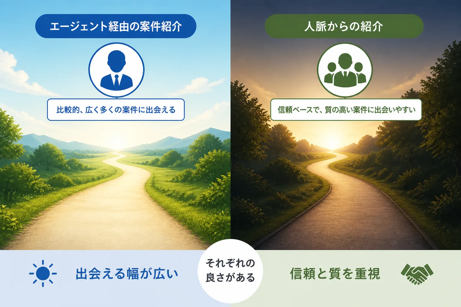 エージェント経由と人脈経由という2つの案件獲得ルートの違いを示す比較図