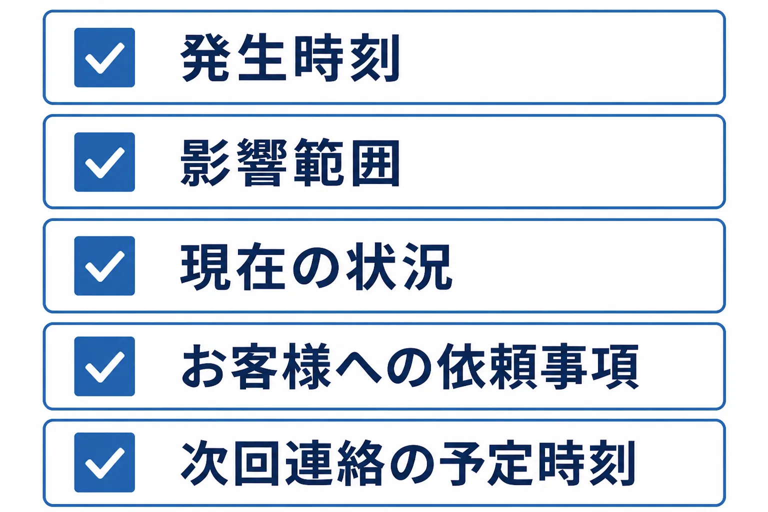 一次連絡に入れる5項目（発生時刻・影響範囲・現在の状況・お客様への依頼事項・次回連絡の予定時刻）を縦に並べたチェックリスト図