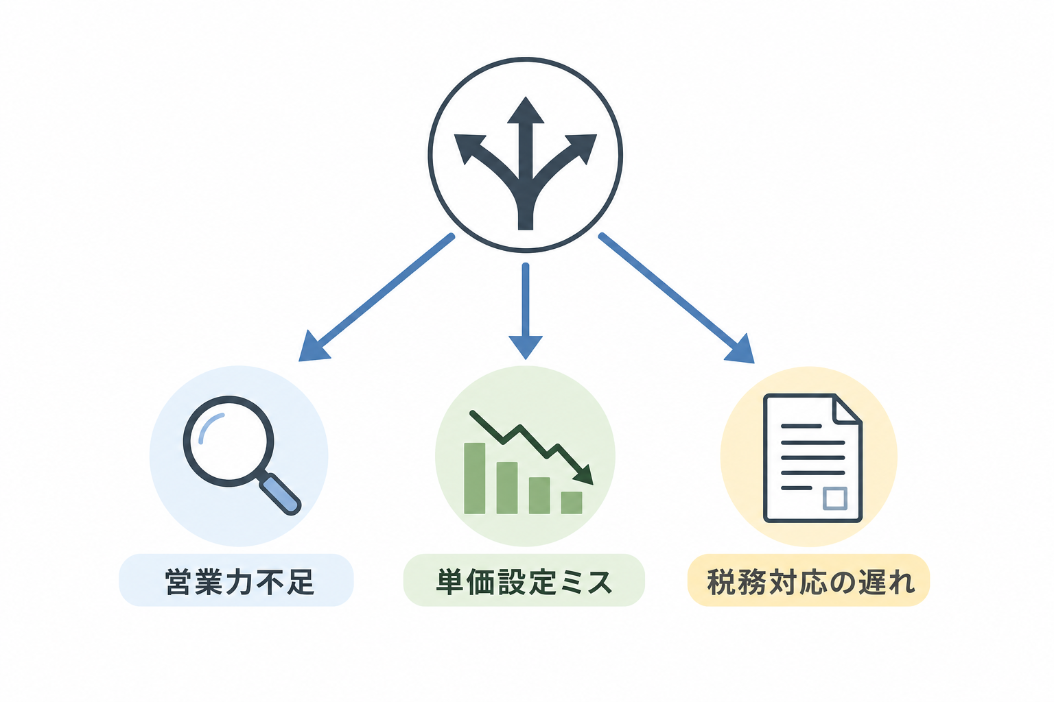 独立失敗の3パターン（営業力不足・単価設定ミス・税務対応の遅れ）を示す図解