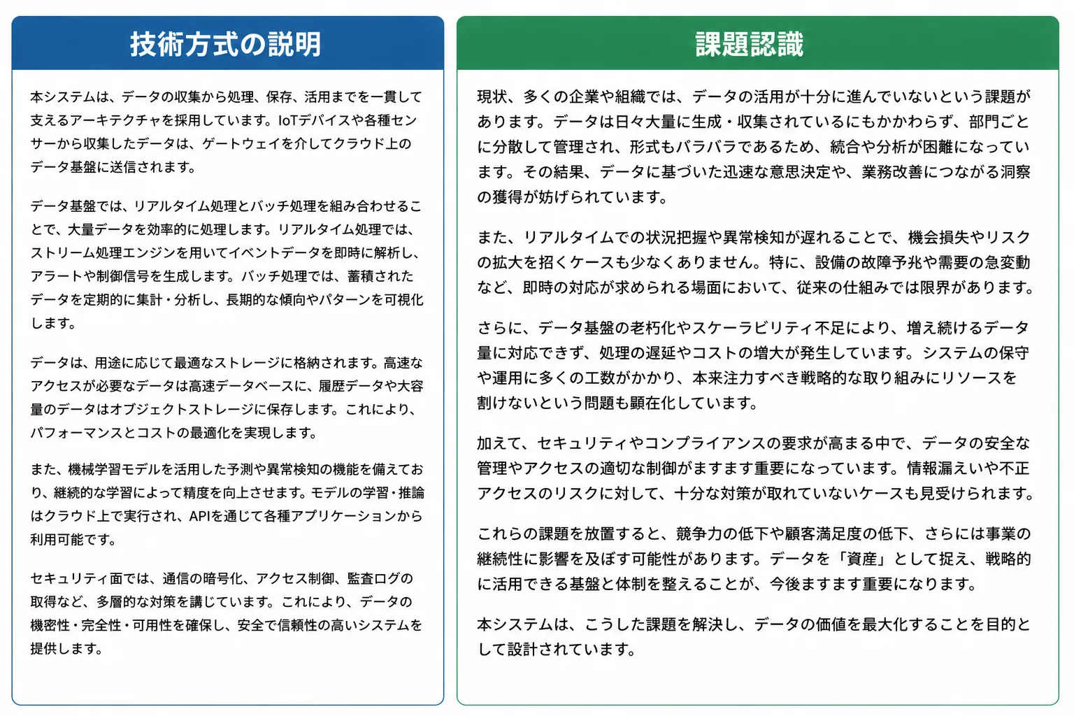 技術方式の説明に偏った提案書と課題認識に紙面を割いた提案書の紙面配分を左右で比較する図解