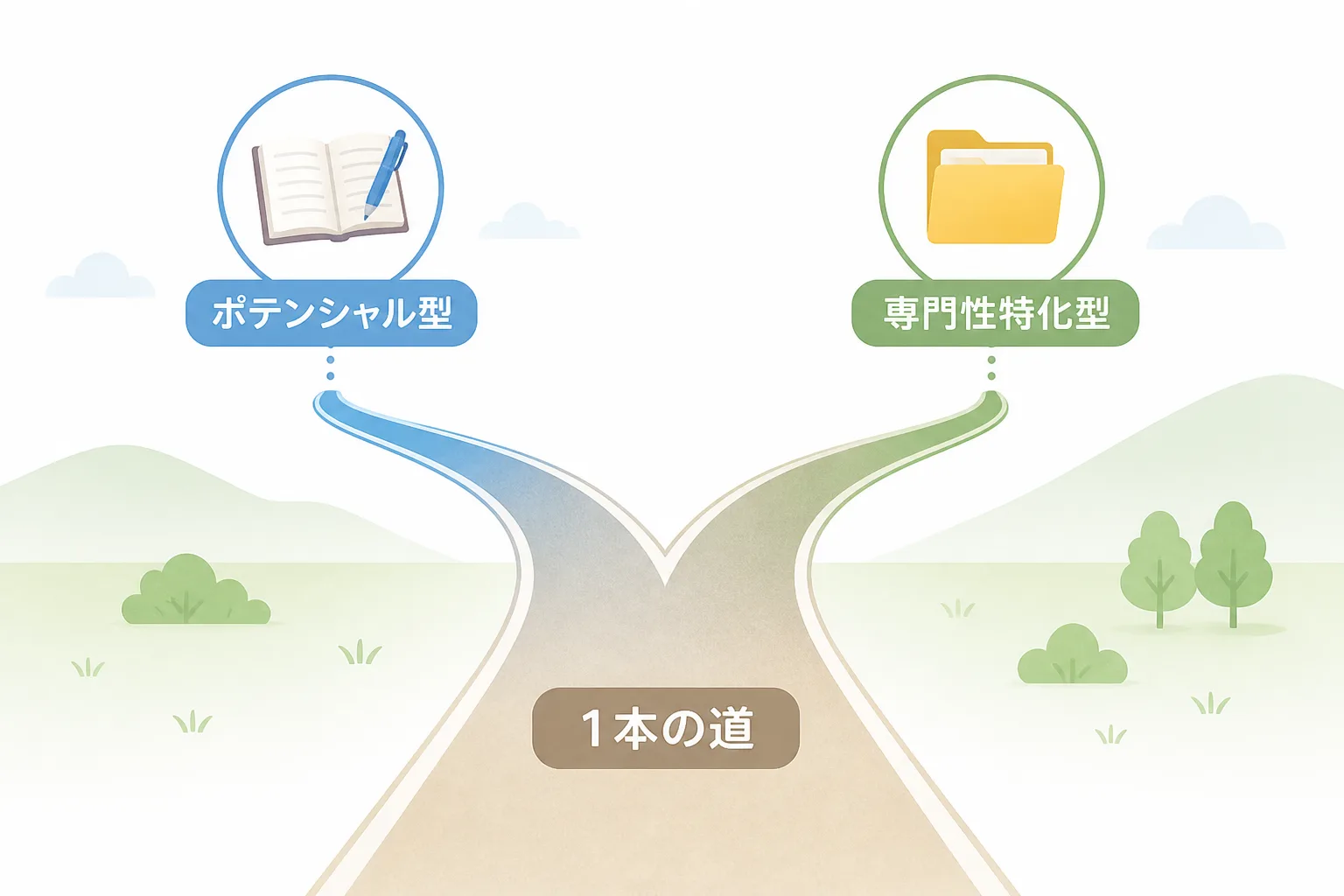『未経験』が指すポテンシャル型と専門性特化型の2つの転向パターンを示す分岐図