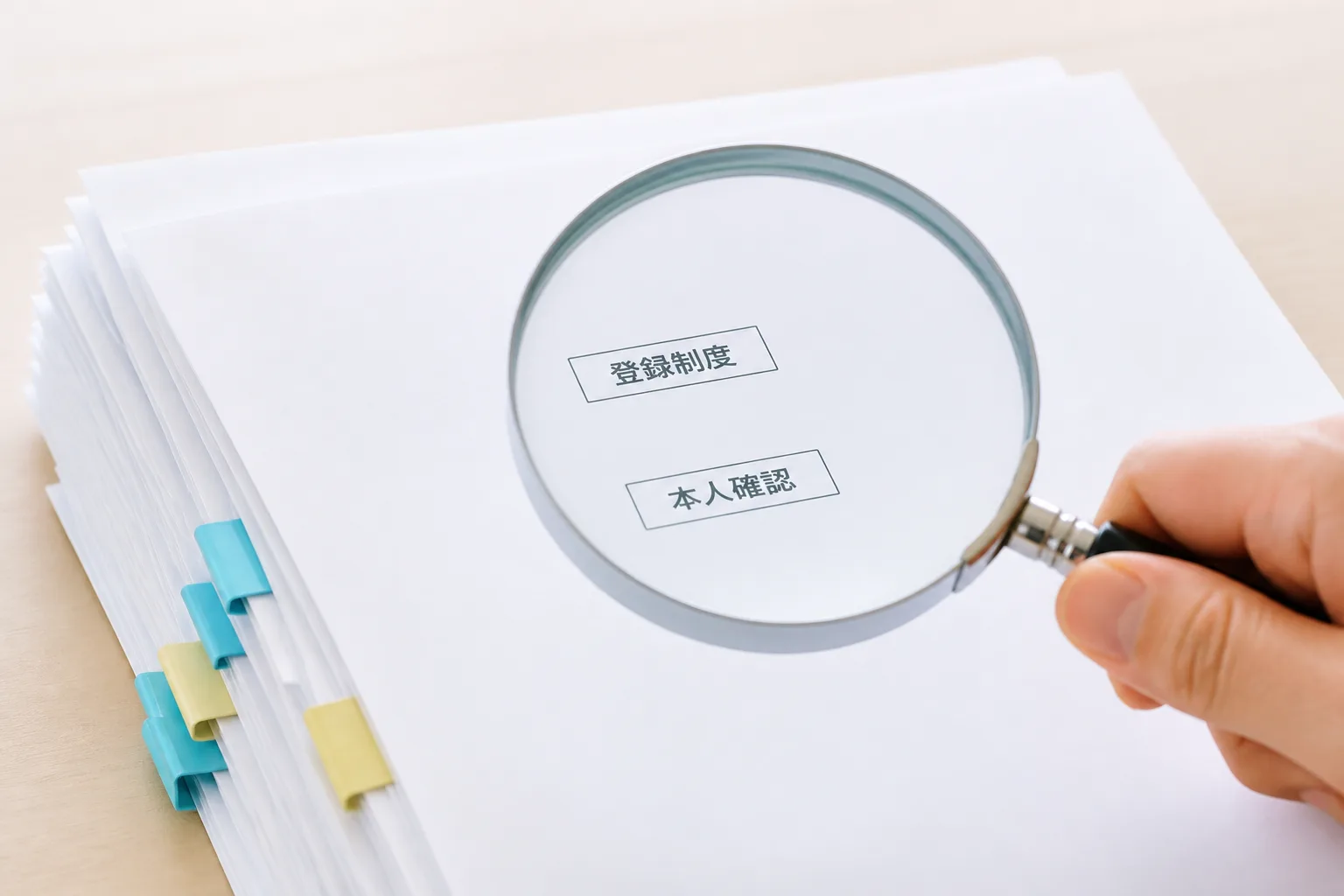虫眼鏡で書類の登録制度・本人確認の記載を確認する様子を示す図解。資金決済法・AML対応の実務理解を象徴する